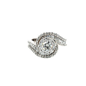 40482 14K WHITE GOLD 1.5TCW DIAMOND ROUND AND BAGUETTE HALO SWIRL LADIES RING