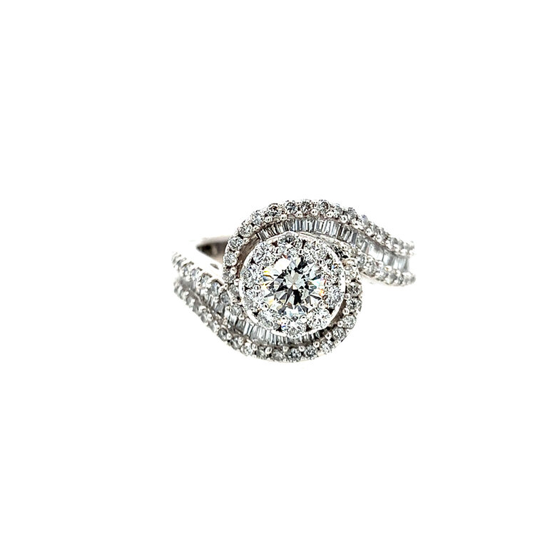 40482 14K WHITE GOLD 1.5TCW DIAMOND ROUND AND BAGUETTE HALO SWIRL LADIES RING
