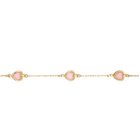 20475 14K YELLOW GOLD 5 PINK BEZEL HEARTS ON CABLE LINK 7" BRACELET (+.5" EXT.)