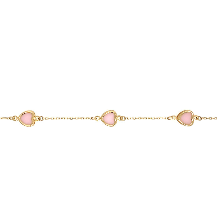 20475 14K YELLOW GOLD 5 PINK BEZEL HEARTS ON CABLE LINK 7" BRACELET (+.5" EXT.)