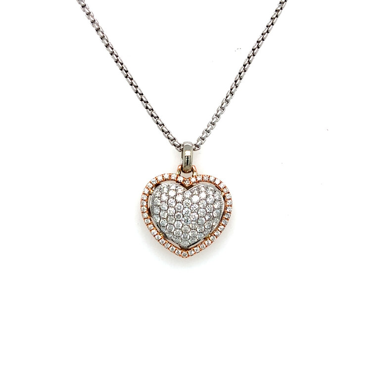 70635 14K TWO TONE 1.15TCW PAVE DIAMOND WITH ROSEGOLD  HALO HEART PENDANT