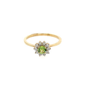 40493 1K YELLOW GOLD .03CT DIAMOND FLORAL HALO WITH PERIDOT CENTER RING