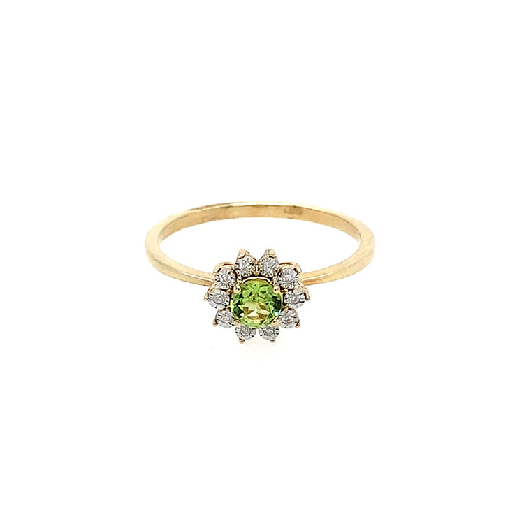 40493 1K YELLOW GOLD .03CT DIAMOND FLORAL HALO WITH PERIDOT CENTER RING