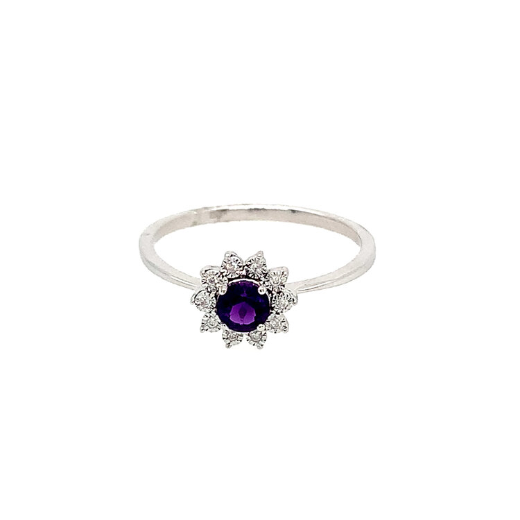 40494 10K WHITE GOLD .03TCW DIAMOND FLORAL HALO WITH AMETHYST CENTER RING
