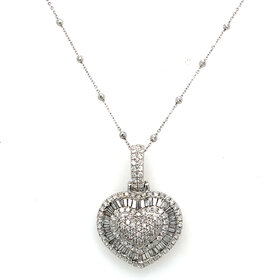 70637 14K WHITE GOLD 2.05TCW DIAMOND PAVE HEART WITH BAGUETTE AND ROUND DOUBLE HALO