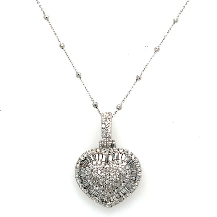 70637 14K WHITE GOLD 2.05TCW DIAMOND PAVE HEART WITH BAGUETTE AND ROUND DOUBLE HALO