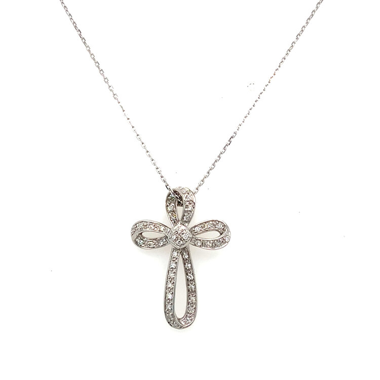70636 14K WHITE GOLD DIAMOND RIBBON STYLE CROSS PENDANT