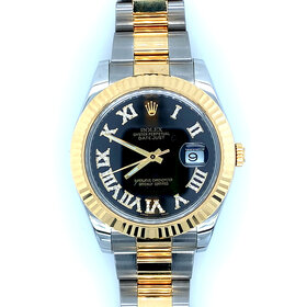 10036 ROLEX TWO TONE OYSTER PERPETUAL DATEJUST WITH FLUTED BEZEL 41MM BLACK DIAL ROMAN NUMERALS  OYSTER BAND 116333 PRE-OWN