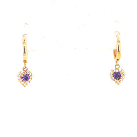31940 14K YELLOW GOLD DANGLING CUBIC ZIRCONIA HEART HUGGIES PURPLE