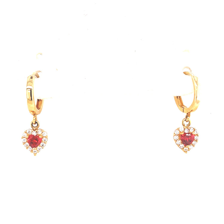 31940 14K YELLOW GOLD DANGLING CUBIC ZIRCONIA HEART HUGGIES PURPLE