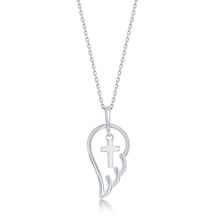 J-2787 Sterling Silver, Angel Wing w/Cross Charm Pendant