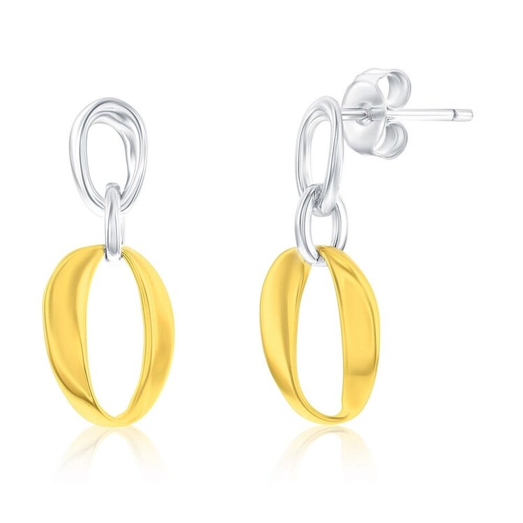 A-2847 Sterling Silver, Polished Oval Link Dangle Earrings - Two-Tone