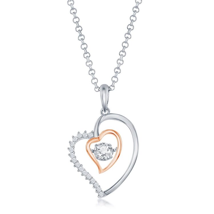 K-8694-RG Sterling Silver, Double Heart CZ Pendant - Rose Gold Plated