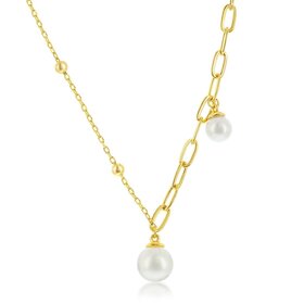 M-6878-GP Sterling Silver FWP Paperclip and Beaded Chain Necklace - Gold Plated