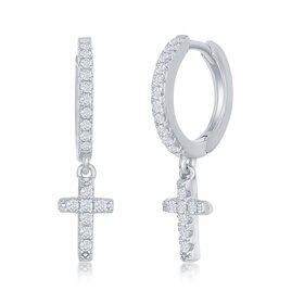 D-7302 Sterling Silver, Small Huggie Hoop CZ Cross Earrings