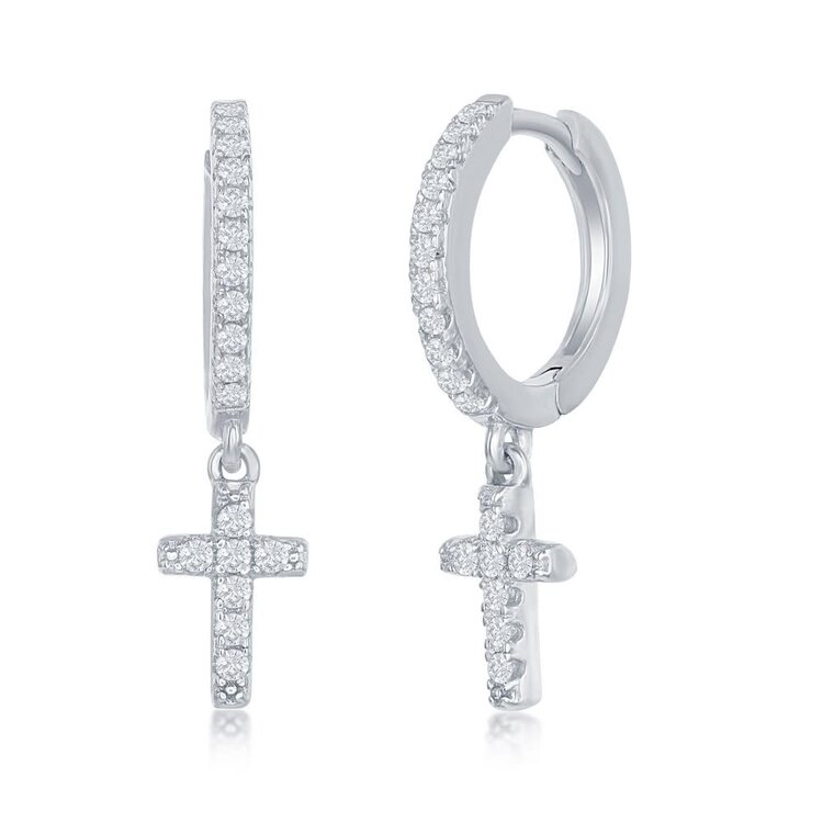 D-7302 Sterling Silver, Small Huggie Hoop CZ Cross Earrings