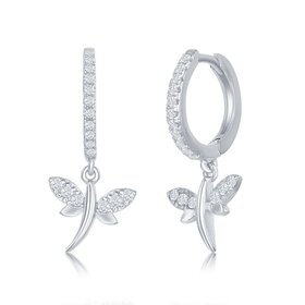 D-7304 Sterling Silver, Small Huggie Hoop CZ Dragonfly Earrings