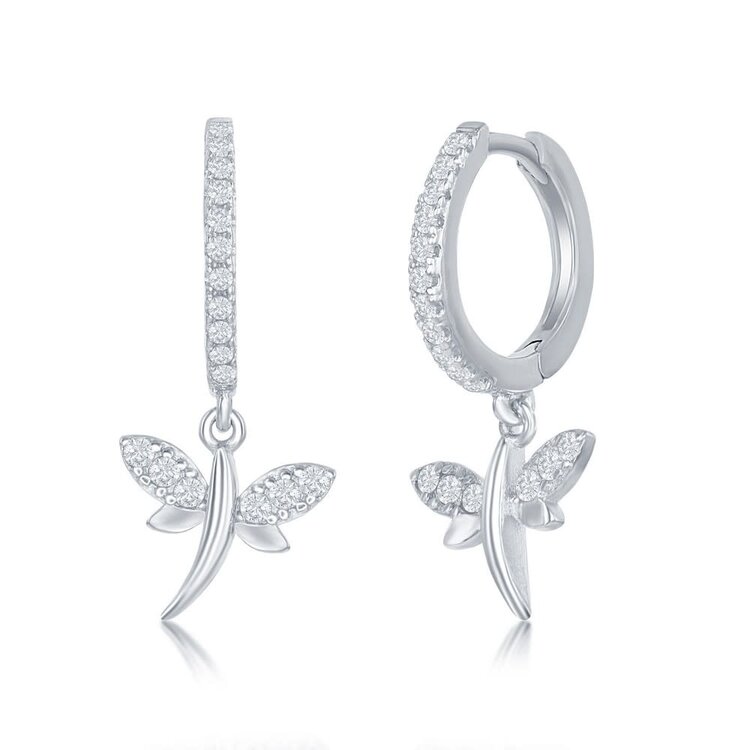 D-7304 Sterling Silver, Small Huggie Hoop CZ Dragonfly Earrings