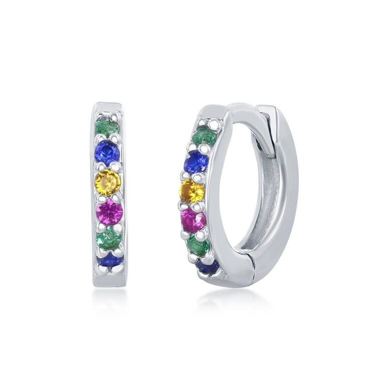 D-7132 Sterling Silver Rainbow CZ Small Huggie Hoop Earrings