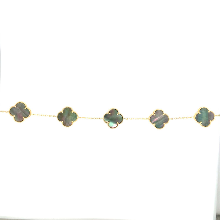 20484 14K YELLOW GOLD 13.5MM 5 BLACK MOTHER OF PEARL CLOVER BRACELET