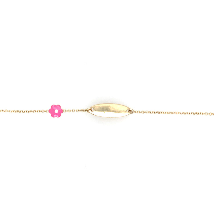 20491 14K YELLOW GOLD PINK ENAMEL FLOWER NAME ID BABY BRACELET