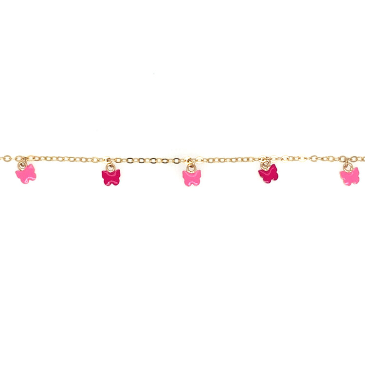20497 14K YELLOW GOLD PINK BUTTERFLIES ENAMEL DANGLING BABY BRACELET
