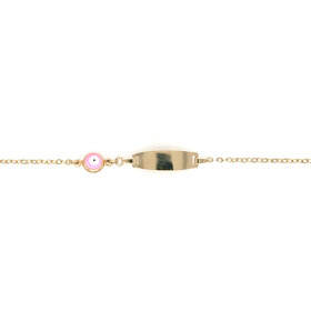 20492 14K YELLOW GOLD  PINK EVIL EYE ENAMEL NAME ID BABY BRACELET