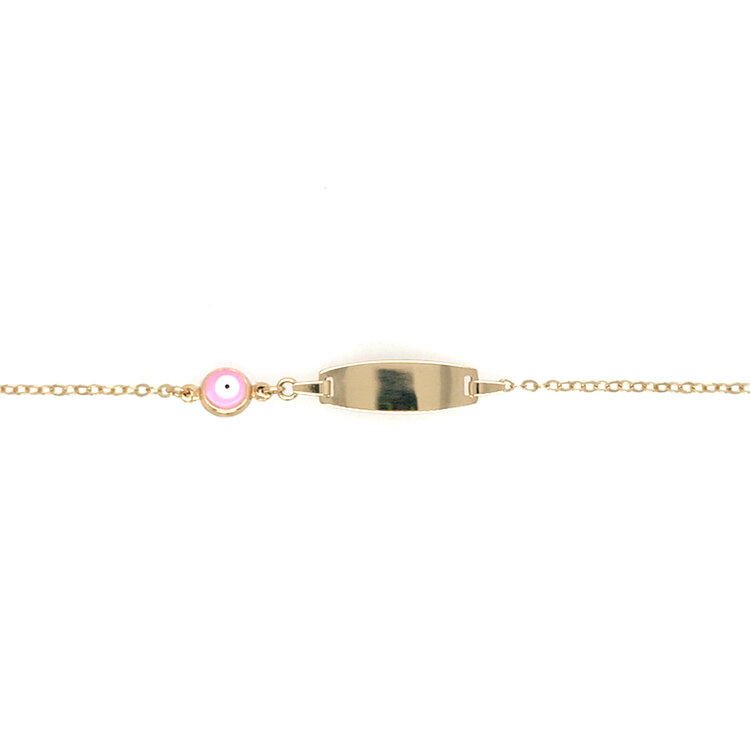 20492 14K YELLOW GOLD  PINK EVIL EYE ENAMEL NAME ID BABY BRACELET