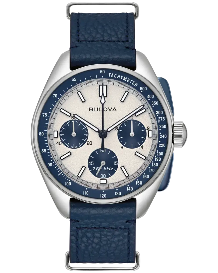 Bulova BULOVA STAINLESS STEEL LUNAR PILOT BLUE BEZEL WITH BLUE LEATHER STRAP MEN'S WATCH