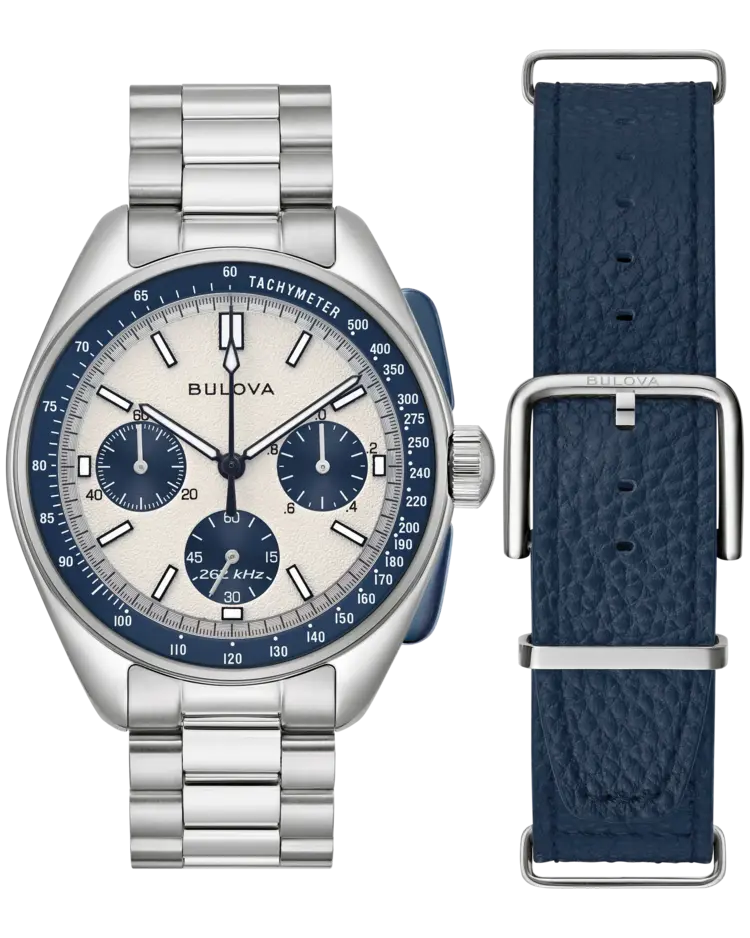 Bulova BULOVA STAINLESS STEEL LUNAR PILOT BLUE BEZEL WITH BLUE LEATHER STRAP MEN'S WATCH