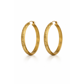 31648 14K YELLOW GOLD 1.25" SATIN FINISH LEAF DESIGN HALF TUBED HOOPS