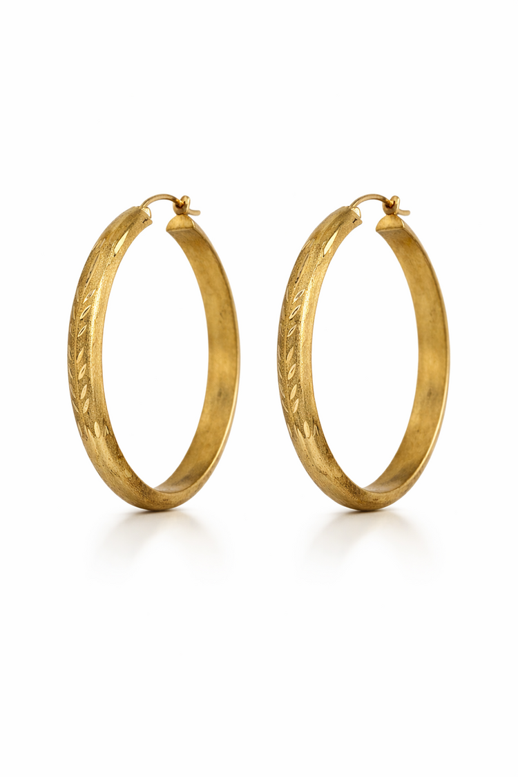 31648 14K YELLOW GOLD 1.25" SATIN FINISH LEAF DESIGN HALF TUBED HOOPS