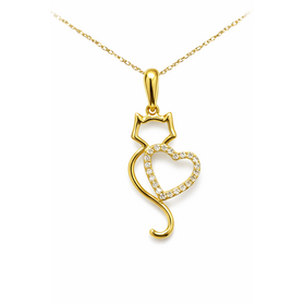 70642 10K YELLOW GOLD .18CTW DIAMOND HEART CUTOUT CAT PENDANT NECKLACE