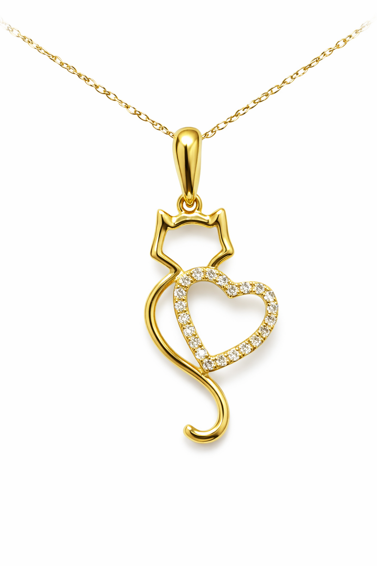 70642 10K YELLOW GOLD .18CTW DIAMOND HEART CUTOUT CAT PENDANT NECKLACE