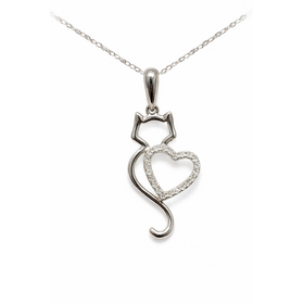 70643 10K WHITE GOLD .18CTW DIAMOND HEART CUT OUT CAT PENDANT NECKLACE