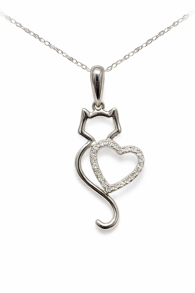 70643 10K WHITE GOLD .18CTW DIAMOND HEART CUT OUT CAT PENDANT NECKLACE