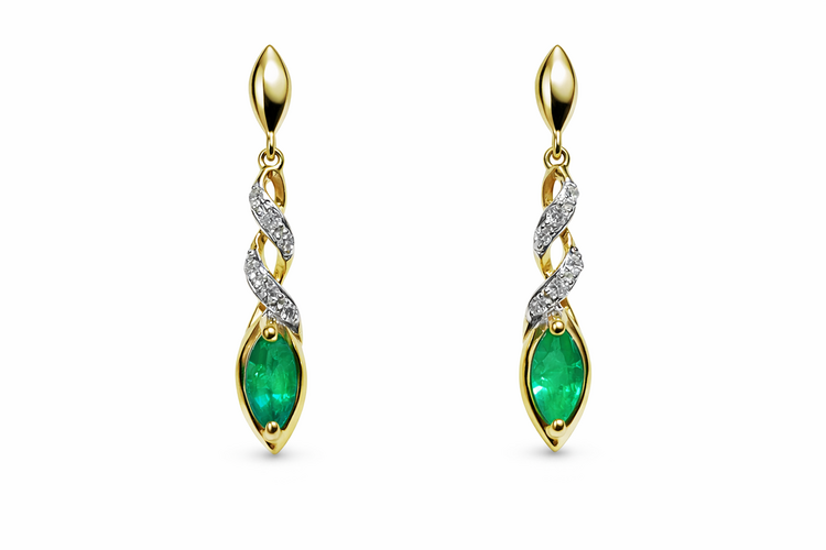 31660 10K YELLOW GOLD .06CTW DIAMOND AND EMERALD SWIRL PETITE DROP EARRINGS