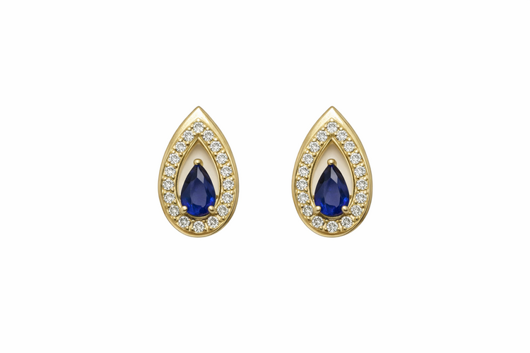 31661 10K YELLOW GOLD .12CTW DIAMOND PEAR SHAPE SAPPHIRE CUT OUT HALO SCREWBACKS STUDS