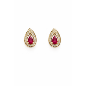 31664 10K YELLOW GOLD .12CTW DIAMOND PEAR SHAPE RUBY HALO SCREWBACKS STUDS