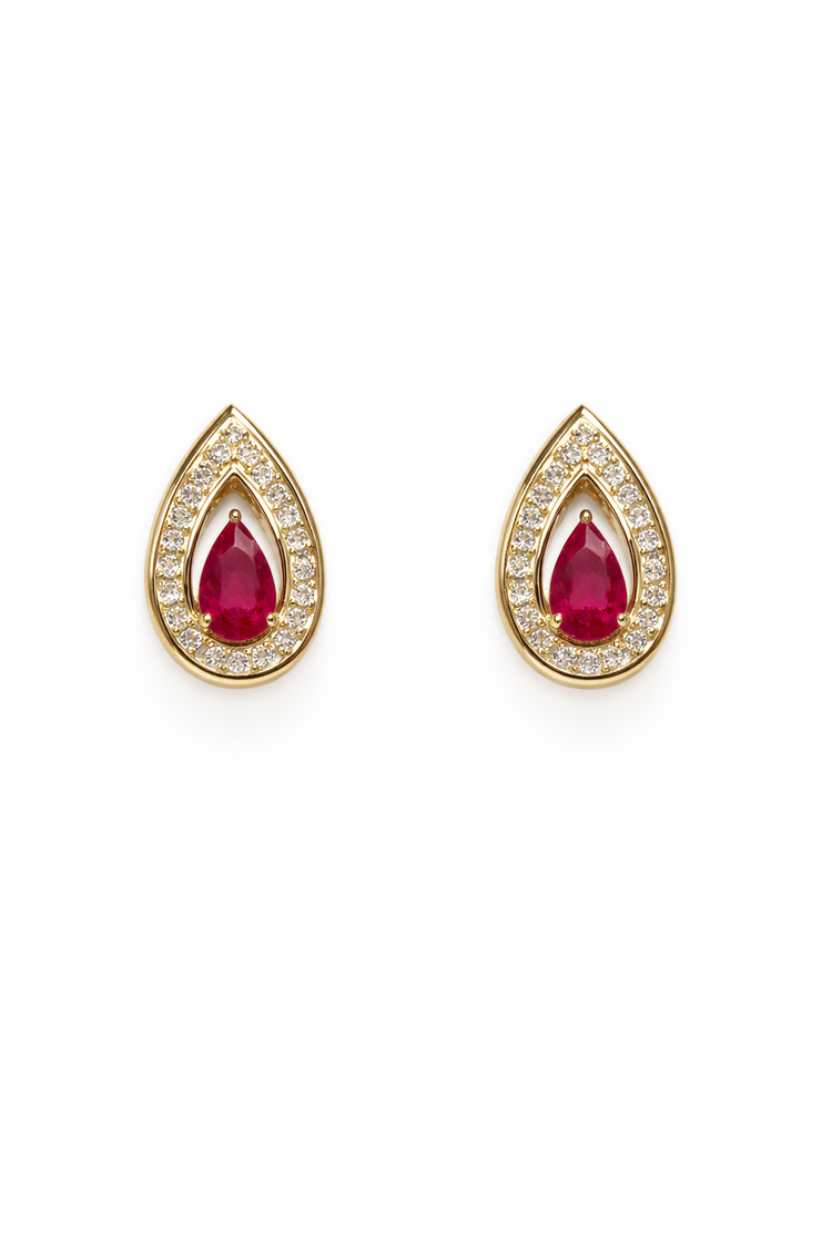 31664 10K YELLOW GOLD .12CTW DIAMOND PEAR SHAPE RUBY HALO SCREWBACKS STUDS