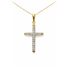 70644 10K TWO TONE .30CTW DIAMOND QUARE TIPS RAISED CENTER CROSS PENDANT NECKLACE