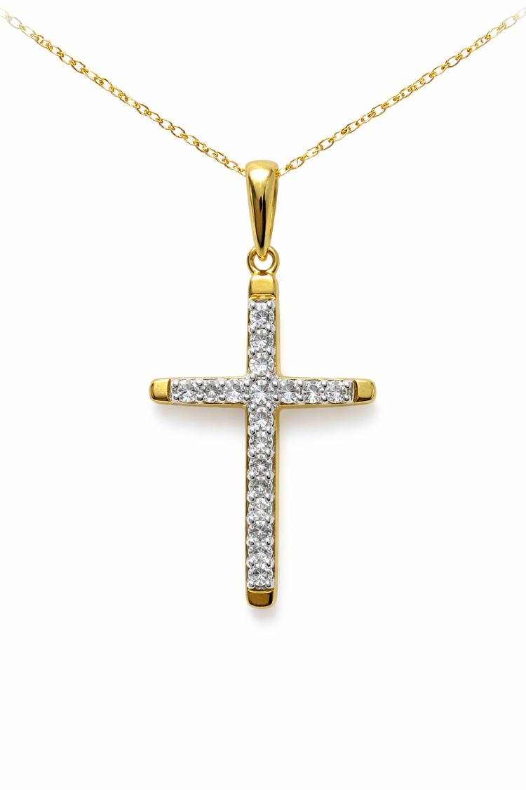 70644 10K TWO TONE .30CTW DIAMOND QUARE TIPS RAISED CENTER CROSS PENDANT NECKLACE