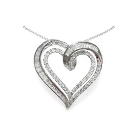 70645 14K WHITE GOLD 1CTW DIAMOND BAGUETTE AND ROUND DOUBLE HEART PENDANT NECKLACE