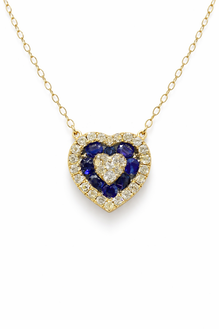 70651 14K YELLOW GOLD .25CTW DIAMOND HALO SAPPHIRE HEART NECKLACE