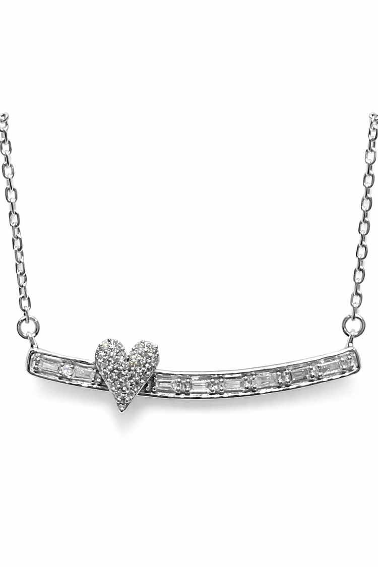 70646 10K WHIYTE GOLD .13CTW DIAMOND BAR WITH BAGUETTE AND PETITE HEART NECKLACE