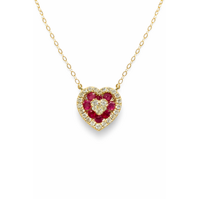 70650 14K YELLOW GOLD .25CTW DIAMOND HEART HALO RUBY NECKLACE