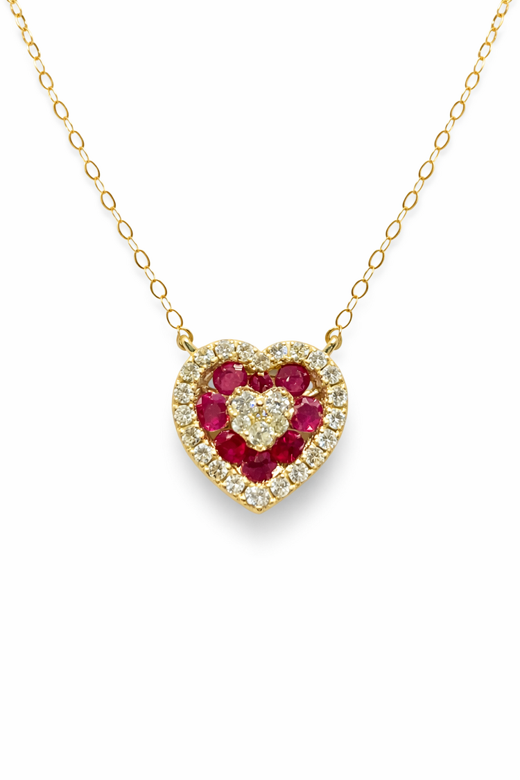 70650 14K YELLOW GOLD .25CTW DIAMOND HEART HALO RUBY NECKLACE