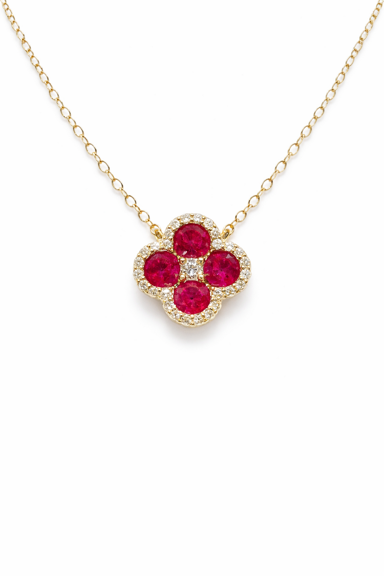 70647 14K YELLOW GOLD  .15CTW DIAMOND CLOVER RUBY NECKLACE