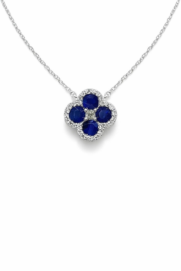70648 14K WHITE GOLD .15CTW DIAMOND CLOVER SAPPHIRE NECKLACE