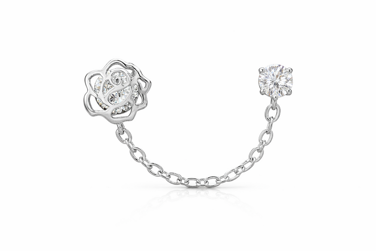 31636 14K WHITE GOLD CUBIC ZIRCONIA  DOUBLE STUD ROSE CHAINED EARRINGS